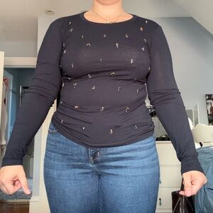 Max Mara Navy Beaded Long Sleeve Top
